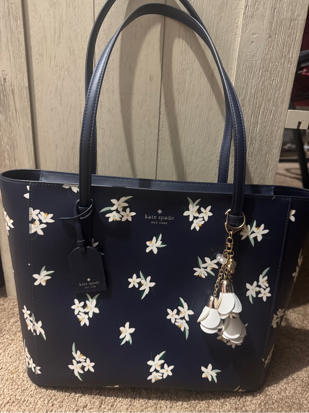 Kate Spade Schuyler Tote Bag (Parisan Navy Color) with White Tassel Bag Charm